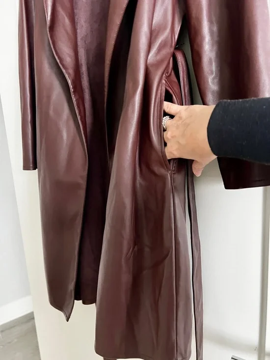 Kenneth Cole Vegan Leather Belted Trench Coat Brown Luxe Minimalist Jacket Sz L - Picture 10 of 15